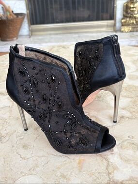 BCBGMAXAZRIA Deedie Black Beaded Lace Mesh Peep Toe Booties SilverStiletto Heel